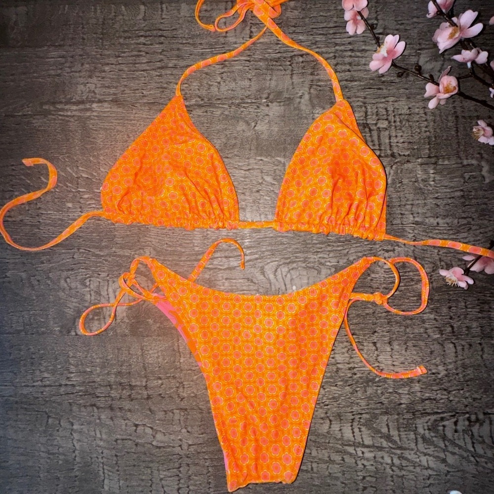 Orange Floral Reversible Triangle Bikini Set Side Tie High Leg L Top M Bottom - Picture 5 of 5